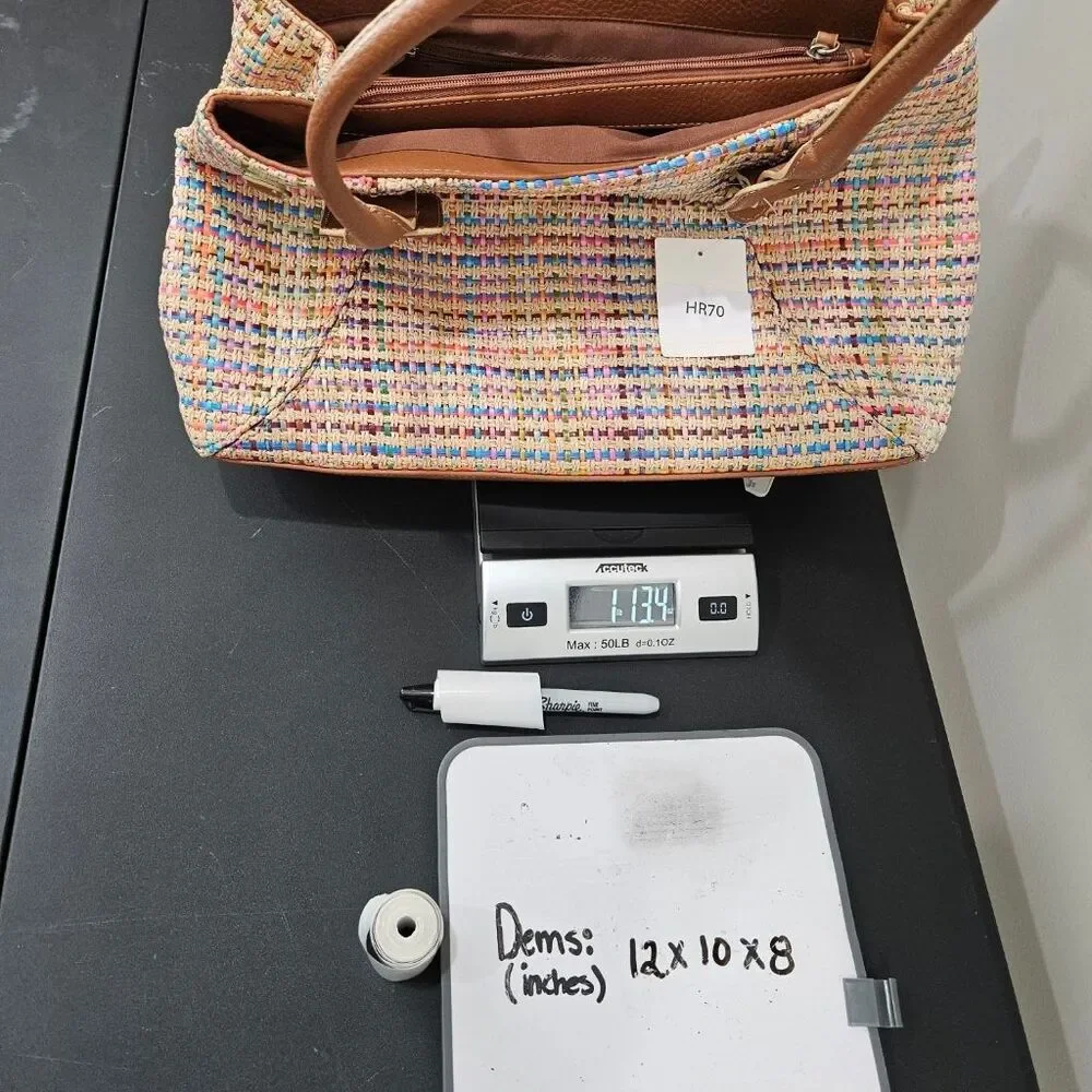 Liz Claiborne Rainbow Woven Straw Satchel Bag Multicolor Brown Trim Y2K